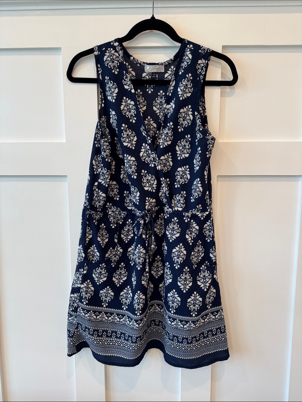 Sleeveless Navy Floral Border Print Mini Dress with Tie Waist